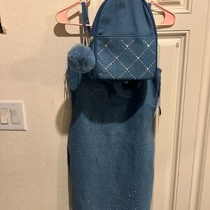 Blue Quilted Denim Backpack with Navy Fur Pouch